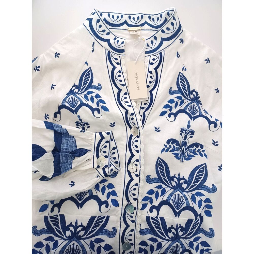 Magaschoni Linen Maxi Dress Puff Sleeve Blue White Floral Medium Lined Resort - Picture 6 of 7